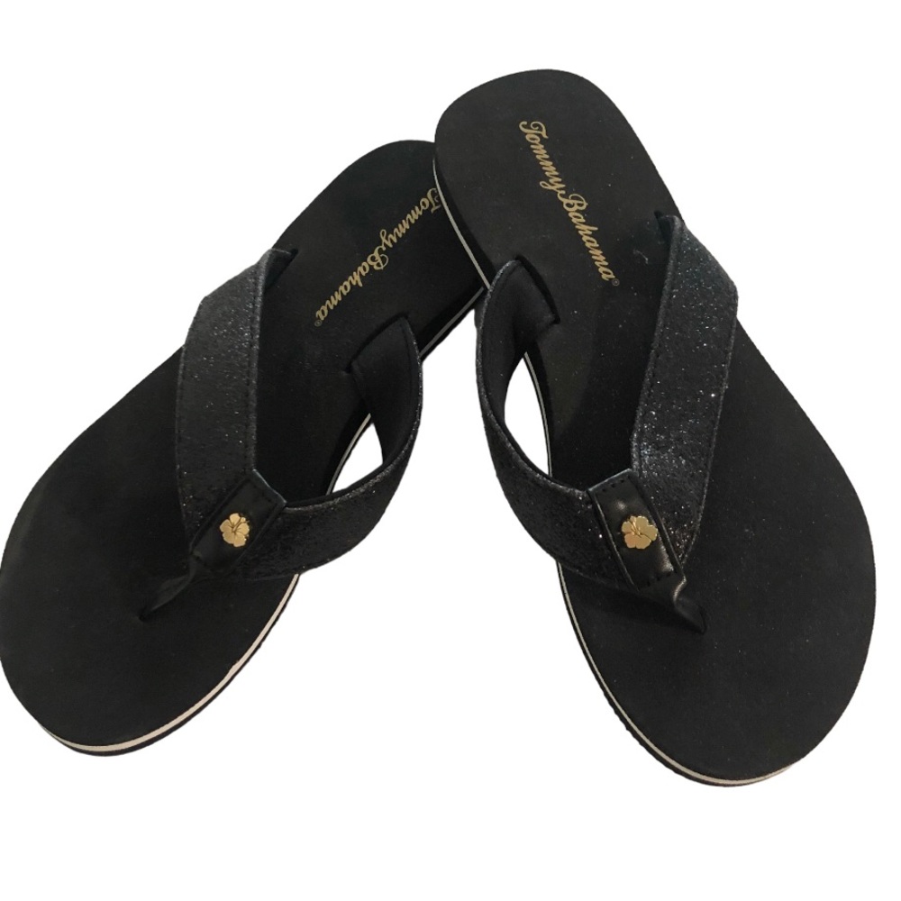 Tommy Bahama black glitter flip-flops with gold emblem sz 8